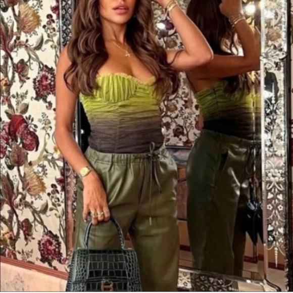 ZARA TULLE CORSET BODYSUIT PLEATED MESH OMBRE NEON GREEN SIDE ZIP SIZE XS - Picture 3 of 10